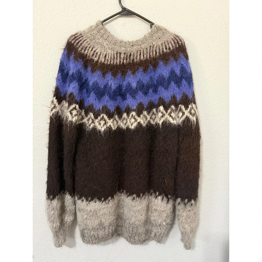 Vintage 90s Rev Wear 100% Alpaca Wool Fair Isle Sweater M Men Brown Blue Bolivia